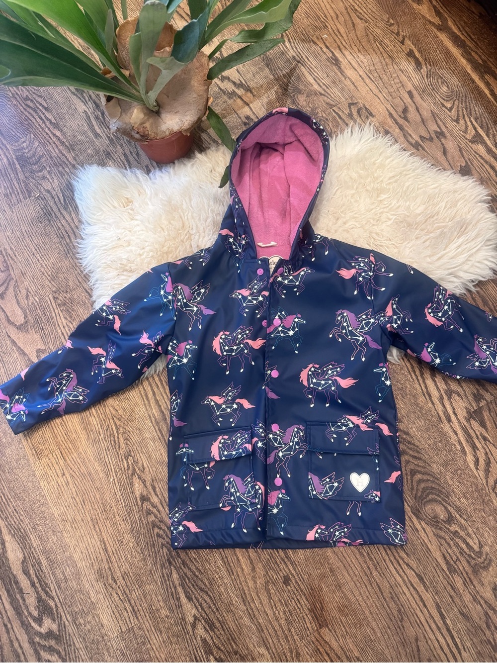 Hatley Navy Unicorn Raincoat with Pink Lining
